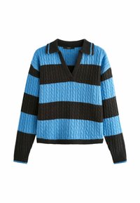 Sweter wełniany z dekoltem w serek, w poziome paski na przemian niebieskie i czarne. Tekstura splotu warkoczowego, długie rękawy i kołnierz.