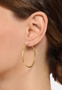 Orecchino a cerchio dorato con un design circolare e liscio. L'orecchino è lucido e leggero, appeso al lobo dell'orecchio.