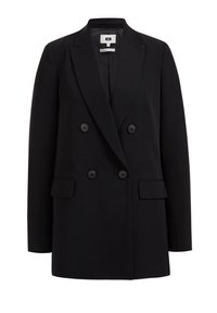 Blazer negro de doble botonadura hecho de una tela suave, que presenta dos bolsillos delanteros y botones de contraste. Diseño de solapa clásica y forma estructurada.