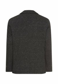 Dunkelgrauer Blazer mit strukturiertem Stoff, Reverskragen und Knopfakzenten an den Ärmeln. Hat eine klassische, taillierte Form.