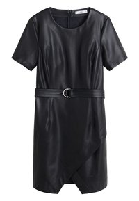 Robe courte en cuir noir à manches courtes, avec un col rond, une taille ceinturée et un ourlet asymétrique. Présente une texture lisse et un design minimaliste.