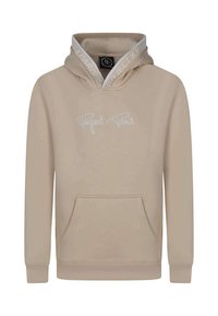 Haut à capuche beige avec cordon de serrage, poche avant et logo brodé "Project x Paris" blanc sur la poitrine. Tissu doux, design minimal.