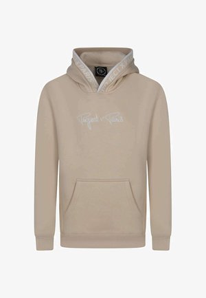 Haut à capuche beige avec cordon de serrage, poche avant et logo brodé "Project x Paris" blanc sur la poitrine. Tissu doux, design minimal.