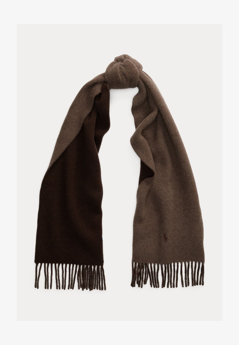 Brun ullskjerf med to-tones design i mørk brun og lysere brun, avsluttet med frynsekant og en liten logo.