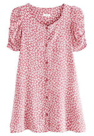 Vestido rojo con estampado floral abstracto en blanco, mangas cortas abullonadas, escote en V y cierre de botones en la parte delantera. Fabricado con una tela suave y un corte holgado.