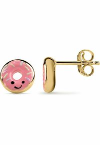 Guldtonade donut-studörhängen med en rosa emaljfinish med ett smiley-ansikte och färgglada strössel. Sido vy visar stift och baksida.