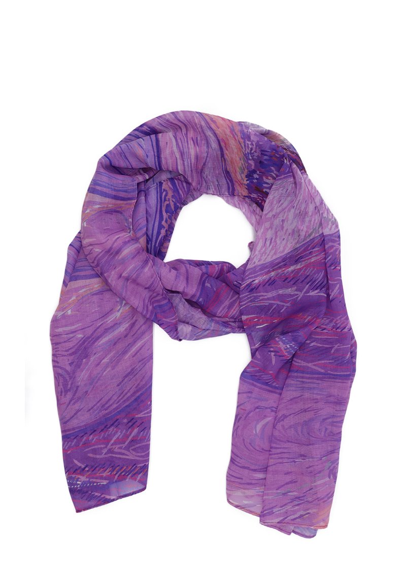 Sciarpa viola con un motivo a spirale, realizzata in tessuto leggero e trasparente. Il design include diverse sfumature di viola con accenti di rosa.