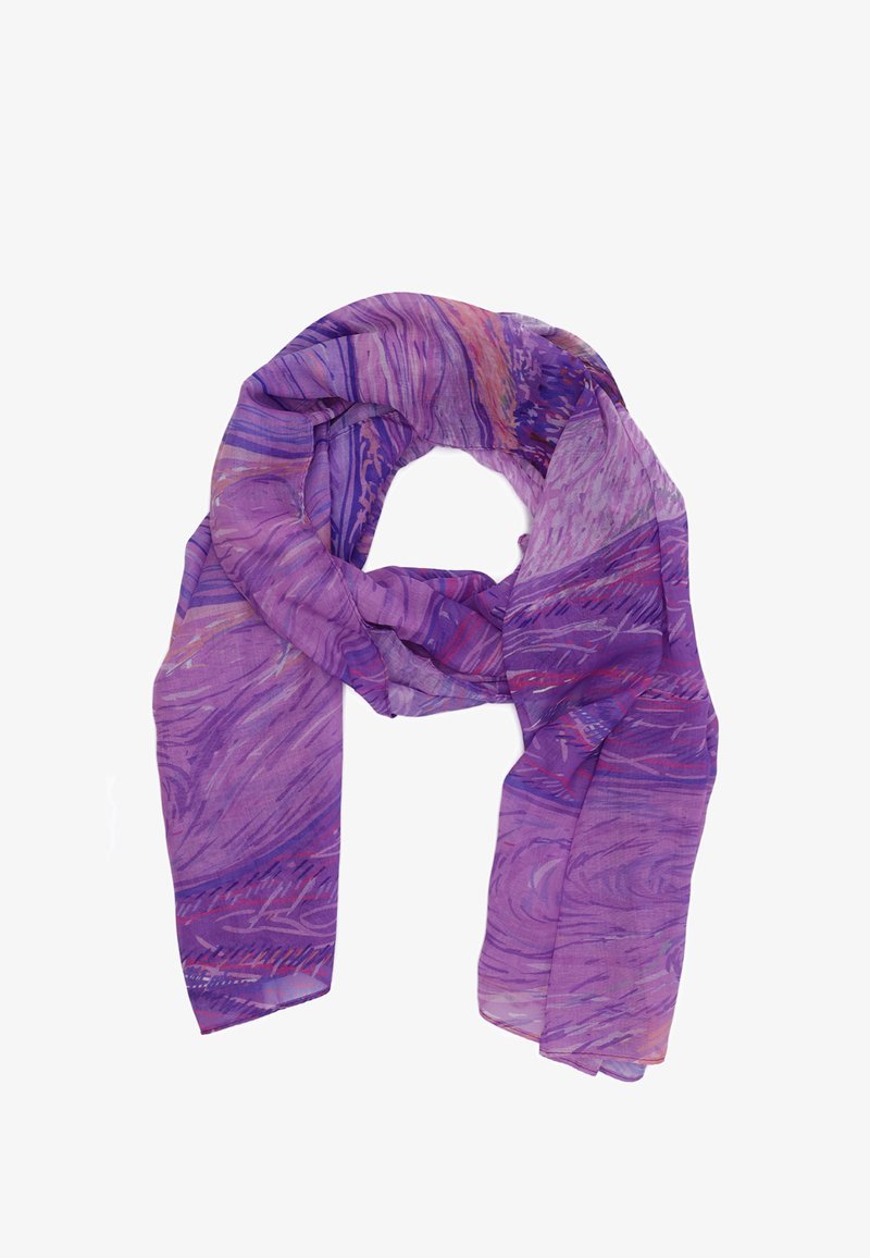 Sciarpa viola con un motivo a spirale, realizzata in tessuto leggero e trasparente. Il design include diverse sfumature di viola con accenti di rosa.