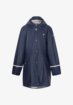 Tumes sinine veekindel vihmakate kapuutsiga, millel on nööbid, hall sisemine vooder ja valged peegeldavad triibud varrukatel.