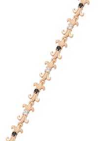 Bracciale in oro rosa caratterizzato da motivi alternati di forme di fleur-de-lis con gemme nere e chiare, texture liscia e finitura lucida.