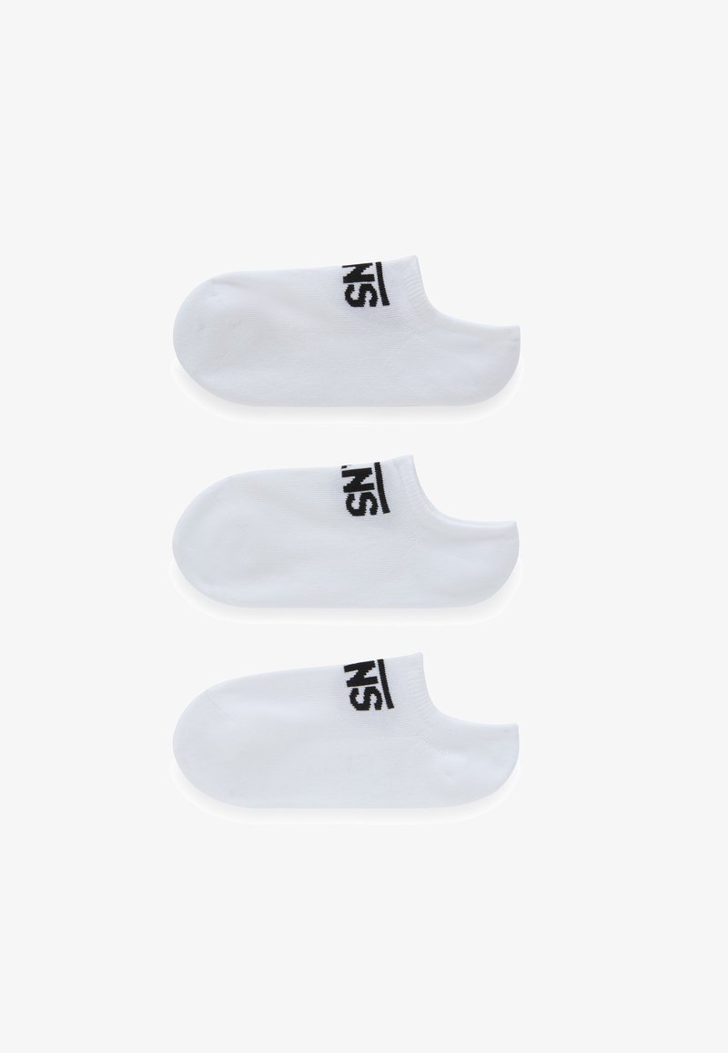 Calcetines de algodón blancos hasta el tobillo, con un corte bajo, que presentan un logotipo de texto negro en el puño. Textura suave y diseño de puntera redondeada, ofrecidos en un conjunto de tres.