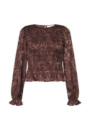 Brun blus med långa ärmar och en rynkad korsettliknande midja samt volangkant, med ett blommönster och en nyckelhålsknäppning i ryggen.