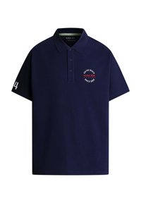 Marineblaues Poloshirt aus Baumwolle. Verfügt über eine Knopfleiste mit drei Knöpfen, kurze Ärmel, ein gesticktes Logo und die Zahl "4" auf dem Ärmel.