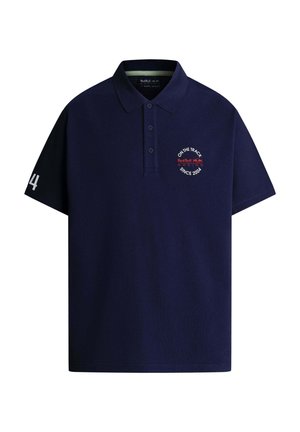 Polo blu navy in cotone. Presenta una patta con tre bottoni, maniche corte, un logo ricamato e il numero "4" sulla manica.