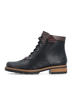 Black ankle boot with brown padded collar, lace-up front, thick sole, and Rieker logo on the side, viewed from the left.