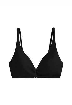 Black ribbed triangle bra with wide shoulder straps and a twisted center detail. Smooth fabric texture with no visible hardware.