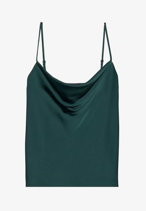 Mørkegrønn satinfôr topp med bølget hals, tynne justerbare stropper og en glatt tekstur. Enkel design uten dekorasjoner.