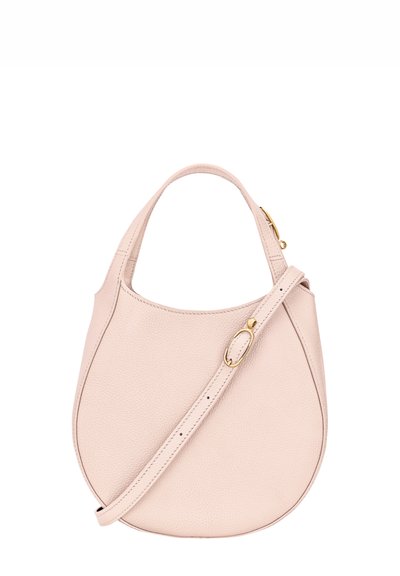 Leather shoulder bag in soft pink, rounded shape with a textured finish. Features a single top handle and an adjustable shoulder strap with gold-tone hardware.