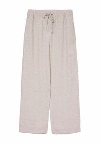 Lichtgrijze linnen wijde broek met een elastische tailleband en trekkoord; heeft een gladde textuur en geen zichtbare patronen of accenten.