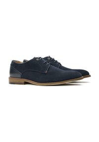 Navy suede lace-up shoes with a rounded toe, contrasting leather accents, and a light brown sole. Features subtle stitching details.