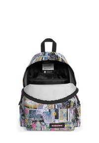 Backpack with a colorful graphic print, zippered main compartment, black interior, and padded base. Features a top handle and adjustable straps.