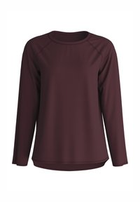 Bordeaux langarmshirt van gladde, lichtgewicht stof. Heeft een ronde hals en raglanmouwen met een subtiele gebogen zoom.