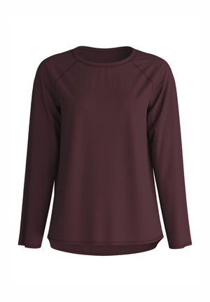 Bordeaux langarmshirt van gladde, lichtgewicht stof. Heeft een ronde hals en raglanmouwen met een subtiele gebogen zoom.