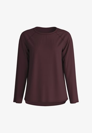 Burgundy long-sleeve shirt made from smooth, lightweight fabric. Features a crew neck and raglan sleeves with a subtle curved hem.