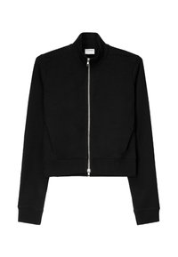 Czarna krótka kurtka wykonana z miękkiego materiału, z prążkowanym kołnierzem, przednim zamkiem błyskawicznym i długimi rękawami ze ściągaczami. Prosty design bez wzorów.