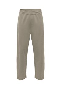 Pantalon de survêtement gris clair en tissu doux, avec une taille élastique et des jambes fuselées, sans poches visibles ni motifs.