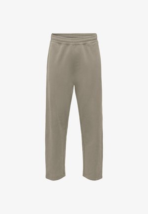 Light gray sweatpants made of soft fabric, featuring an elastic waistband and tapered legs with no visible pockets or patterns.
