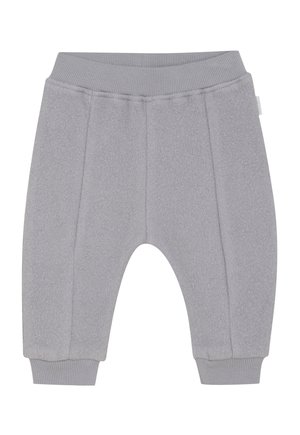 Zachte lichtgrijze fleece babybroek met geribbelde elastische tailleband en boorden, voorzien van gestikte verticale naden aan de voorzijde.