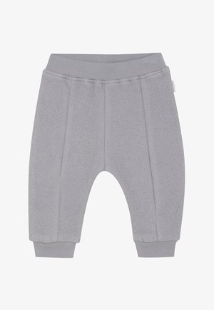 Pantalons de bébé en flanelle gris clair doux avec une taille élastique à côtes et des poignets, présentant des coutures verticales sur les côtés avant.