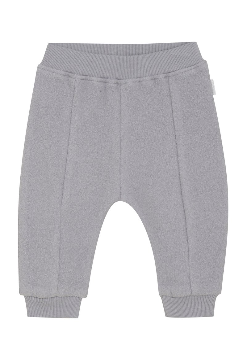 Zachte lichtgrijze fleece babybroek met geribbelde elastische tailleband en boorden, voorzien van gestikte verticale naden aan de voorzijde.