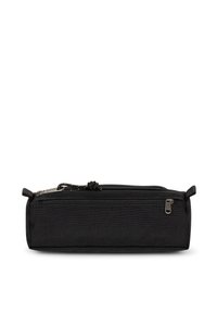 Černá pencil case vyrobená z odolné tkaniny; obdélníkový tvar s dvěma zipovými přihrádkami a texturovaným povrchem pro lepší uchopení.