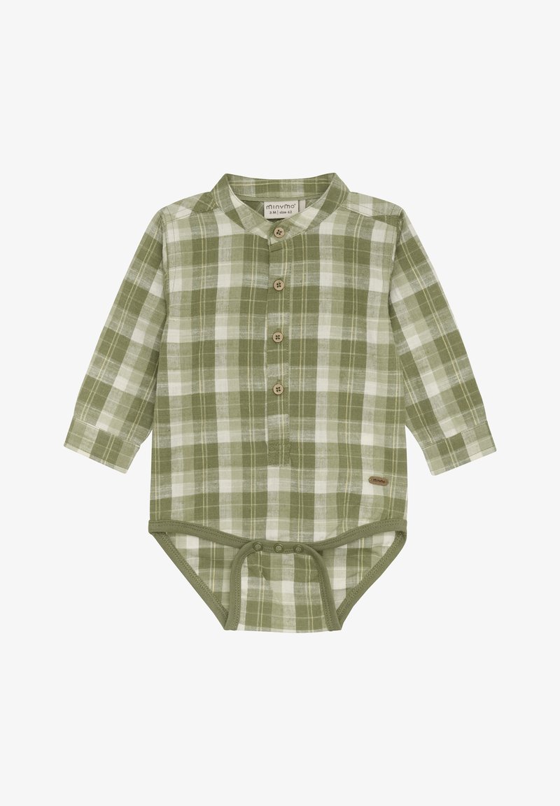 Body bébé à manches longues à carreaux verts et blancs avec boutons sur le devant et pressions en bas, taille 3 mois.