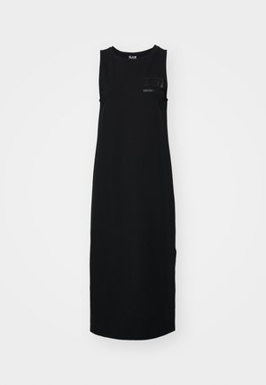 Abito nero senza maniche in cotone, caratterizzato da una silhouette dritta, scollatura rotonda e una piccola tasca applicata con dettagli in rilievo del logo.