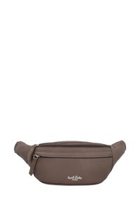 Braune Leder-Gürteltasche mit strukturierter Oberfläche, die ein Reißverschlussfach, einen verstellbaren Riemen und subtile Stichdetails aufweist.