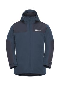 Veste bleu marine avec capuche, fermeture éclair et manches sombres contrastantes. Fabriquée en matériau résistant à l'eau, avec un logo sur la poitrine.