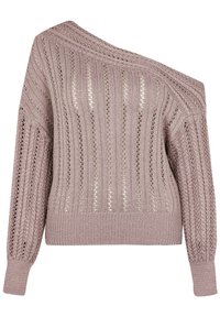 Pull en maille mauve clair avec design asymétrique à une épaule, présentant des rayures verticales texturées et un détail en maille ajourée. Poignets et ourlet côtelés.
