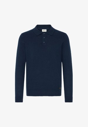 Tamno plava polo majica dugih rukava izrađena od mekog pletenog materijala s klasičnim ovratnikom, četiri dugmadi i rebrastim manžetama i donjim rubom.