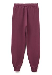 Burgunderfarbene Jogginghosen mit elastischem Bund und Bündchen. Hergestellt aus weichem, strukturiertem Stoff, mit einem schlichten, zulaufenden Design.