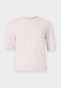 Ανοιχτό ροζ πουλόβερ με κοντά μανίκια και πλεκτό σχέδιο με μοτίβο φύλλου, ριμπ γιακά και τελείωμα, με απαλή υφή.