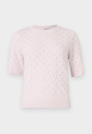 Hellrosa Kurzarm-Pullover mit einem Blattmuster im Strickdesign, gerafftem Hals- und Saumabschluss sowie einer weichen Textur.