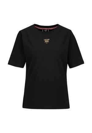 Zwarte katoenen t-shirt met korte mouwen, met een gouden geprinte logo ontwerp en een ronde halslijn. Gladde textuur, comfortabele pasvorm.