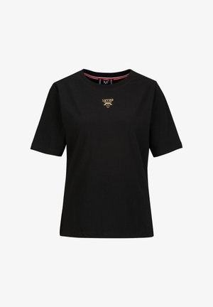 Zwarte katoenen t-shirt met korte mouwen, met een gouden geprinte logo ontwerp en een ronde halslijn. Gladde textuur, comfortabele pasvorm.