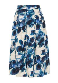Gonna floreale realizzata in tessuto leggero, caratterizzata da un motivo a fiori blu e crema, pieghe e design a vita alta.