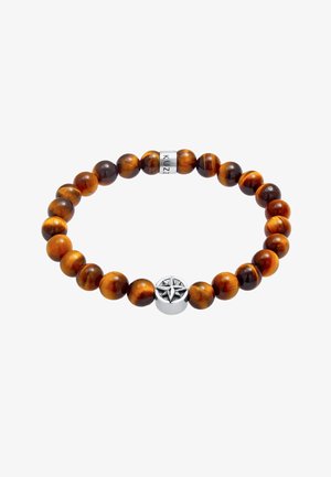 Tiger's Eye Perlenarmband mit silbernem Kompass-Akzent. Runde Perlen in braunen und goldenen Farbtönen, mit einem metallischen "KUZZ"-Trenner.
