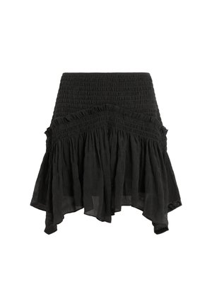 Black skirt featuring a smocked waist, tiered ruffles, and a light, textured fabric. Hemline is asymmetrical with a flowing silhouette.