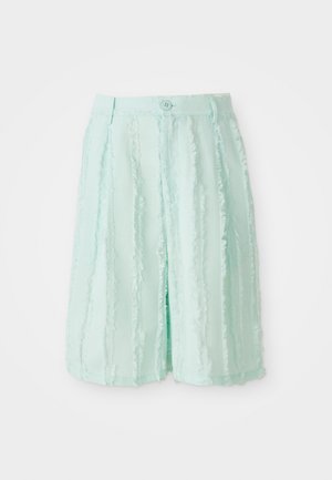 Pantaloni scurți largi de culoare albastru deschis, cu dungi verticale știrbite, închidere cu nasture și bucle pentru curea, expuși pe un fundal alb.